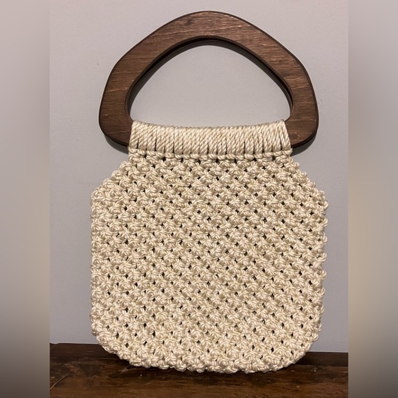 Handmade Handbags - Vintage Woven Tote with Wooden Handles